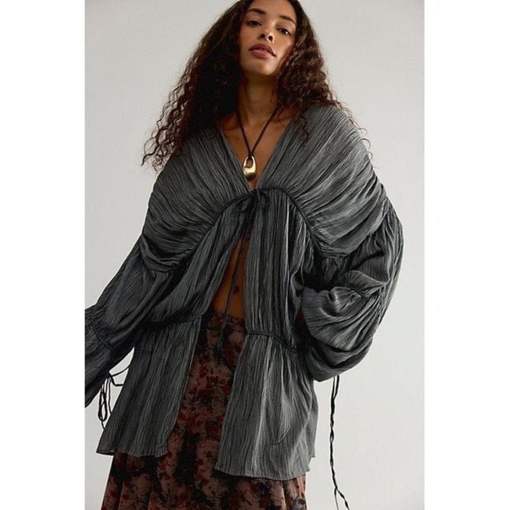 Free People Juliet Tie-Front Duster Gray Crinkle Gauze Tunic Balloon Sleeve O/S